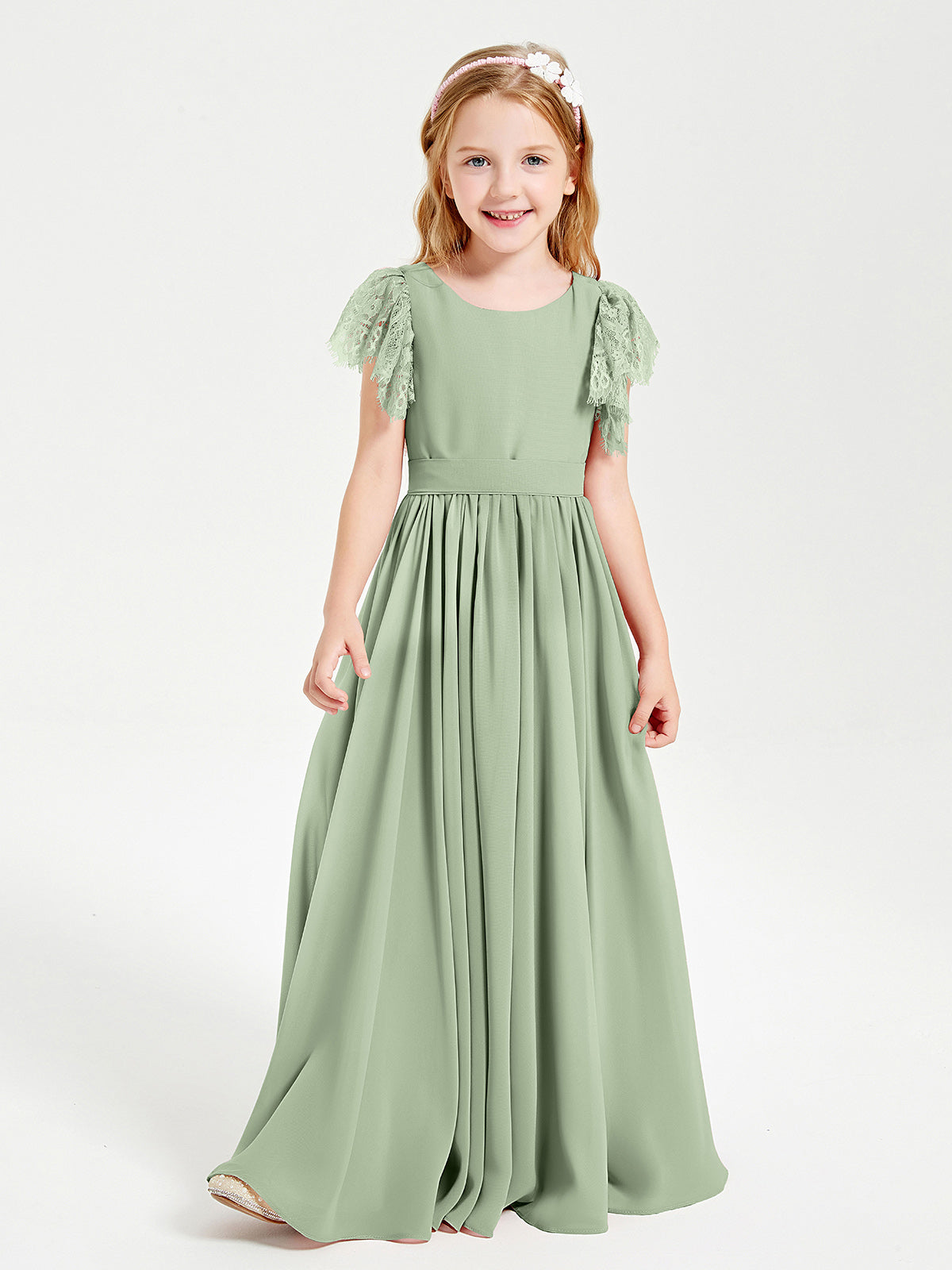 Chiffon Junior Bridesmaid Dresses with Lace Flutter Sleeves Dusty Sage